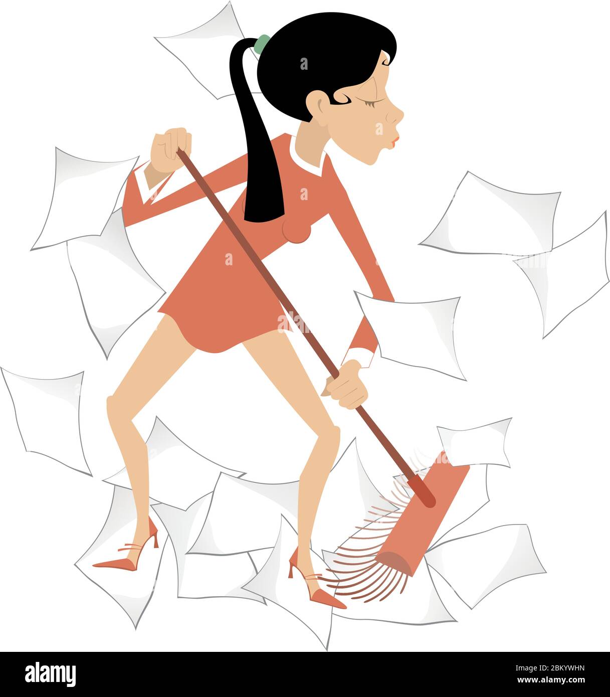 Businesswoman spazza le carte dall'illustrazione dell'ufficio. La donna arrabbiata dei cartoni animati spazza carte dall'ufficio usando una scopa isolata su bianco Illustrazione Vettoriale