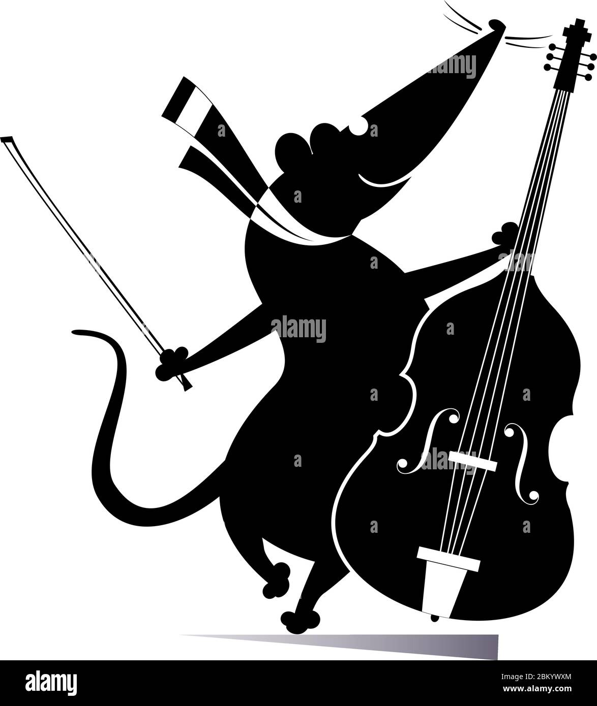 Cartone animato ratto o mouse un'illustrazione di violoncellista. Divertente ratto o topo con violoncello e fiddlestick isolato su bianco Illustrazione Vettoriale