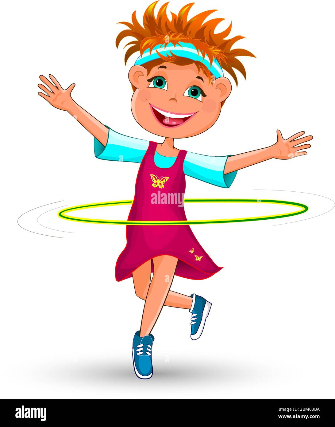 Bambino gioioso con un cerchio di ginnastica. Sorridente ragazza sta facendo esercizi con un cerchio. Illustrazione Vettoriale