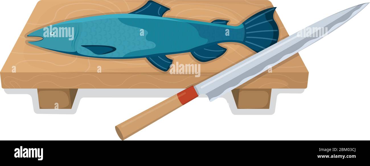 Tagliare il tonno rotolo di pesce e salmone minnow su legno piano di cucina concetto isolato su bianco, cartoon illustrazione vettoriale. Preparazione del design frutti di mare, sp Illustrazione Vettoriale