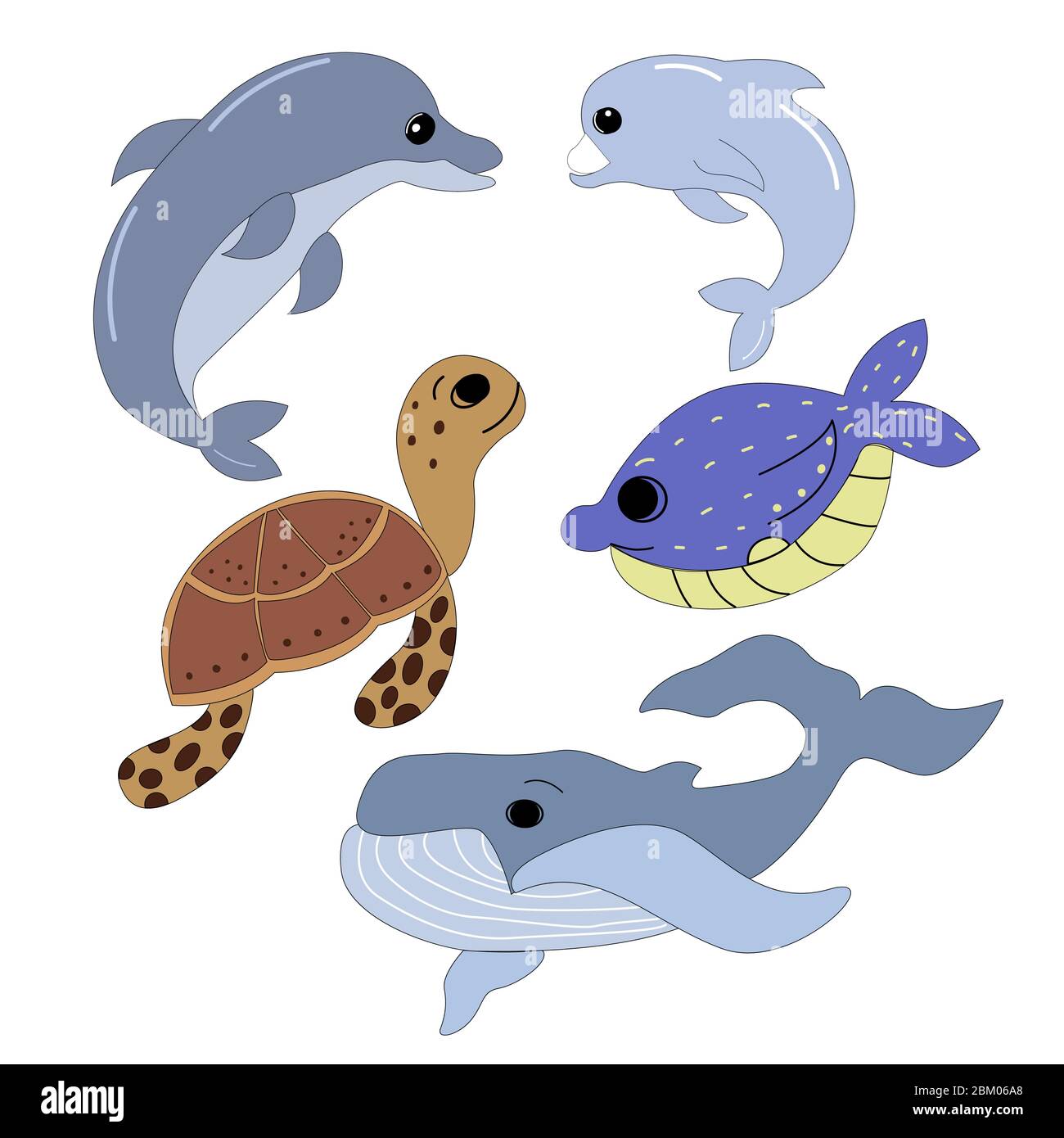 Set di animali marini in grafica vettoriale su sfondo bianco, balena blu, delfini, tartaruga. Per il disegno di bambini, illustrazioni di cartoni animati Illustrazione Vettoriale