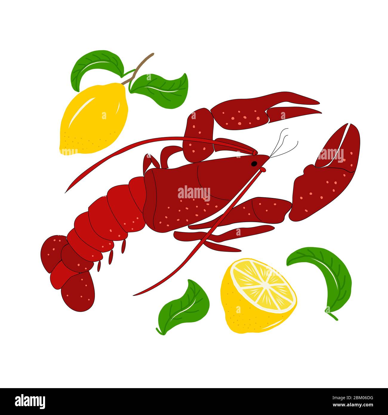Set di aragosta, limoni e volantini su sfondo bianco con grafica vettoriale. Per la progettazione di menu, stampe per piatti, cartelli, copertine per notebook Illustrazione Vettoriale