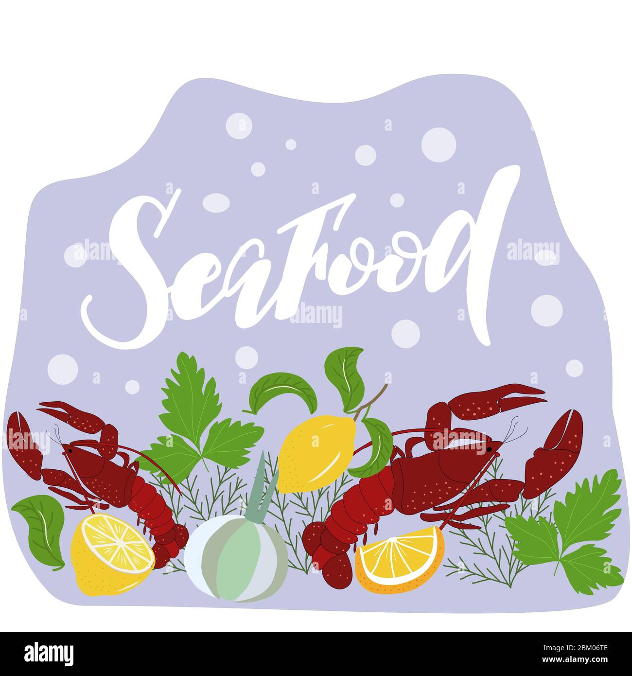 Set di aragosta, limoni e volantini su sfondo blu con grafica vettoriale. Per la progettazione di menu, stampe per piatti, cartelli, copertine per notebook Illustrazione Vettoriale