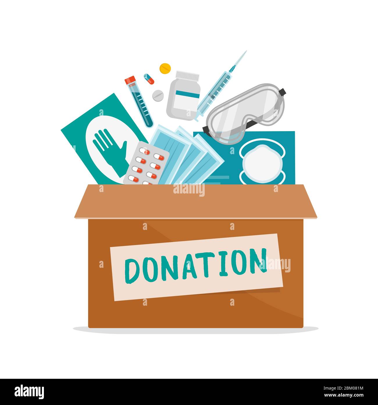 Donazione di apparecchiature mediche durante la pandemia del coronavirus covid-19, scatola di donazione riempita di medicinali, guanti chirurgici e maschere facciali, solidarietà concep Illustrazione Vettoriale