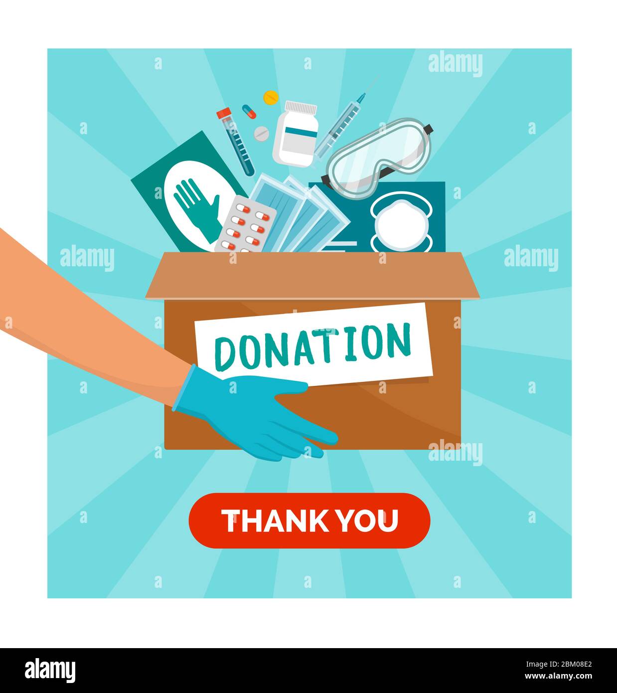 Donazione di apparecchiature mediche durante la pandemia del coronavirus covid-19, volontario che tiene una scatola per donazioni riempita di medicinali, guanti chirurgici e maschera facciale Illustrazione Vettoriale