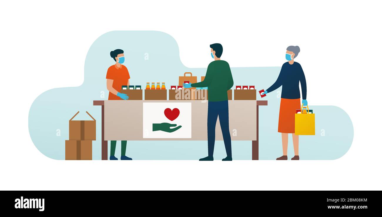 Volontariato che distribuisce cibo alle persone durante l'epidemia di coronavirus covid-19, donazione di cibo e concetto di solidarietà Illustrazione Vettoriale