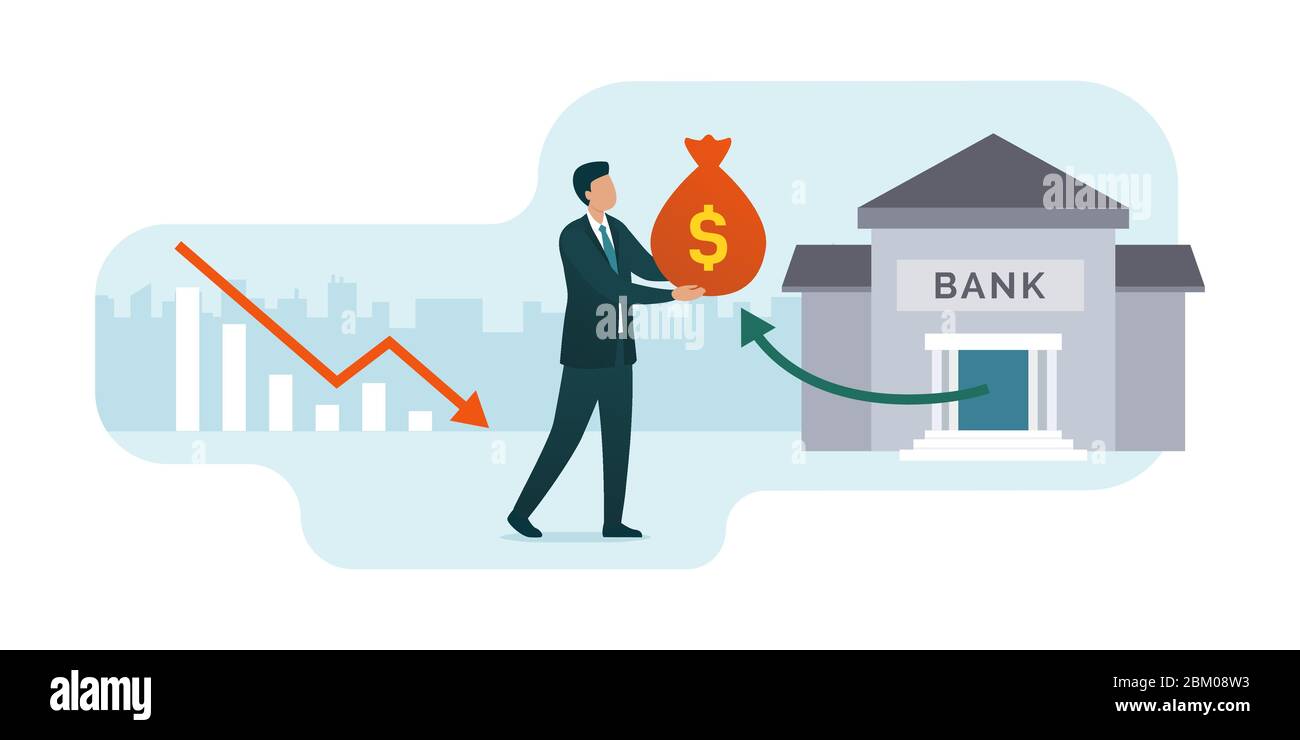 Crisi economica e uomo d'affari che riceve assistenza finanziaria da parte di governi e banche centrali Illustrazione Vettoriale