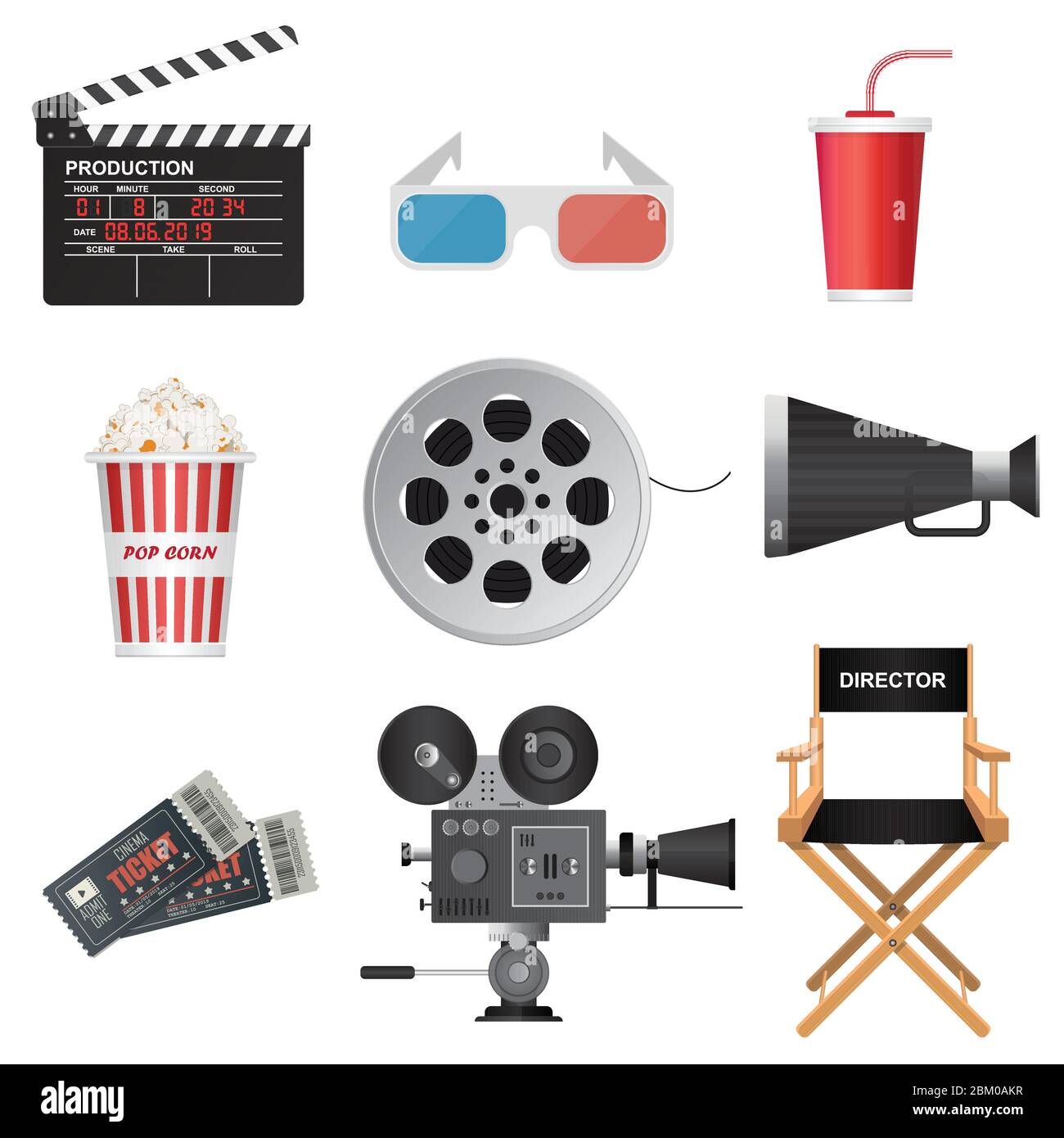 Icone Cinema 3D. Lavagna a fogli mobili, megaphone, biglietti per film, regista, tazza di bibite, popcorn, bobina, retrò proiettore illustrazione vettoriale Illustrazione Vettoriale