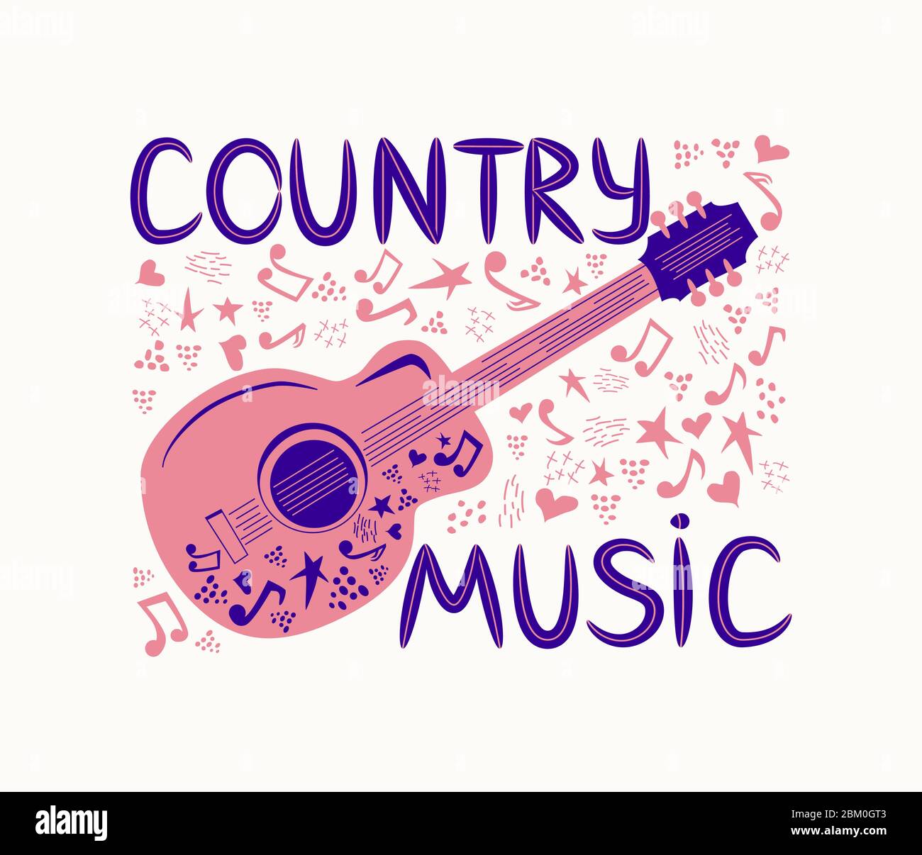 Chitarra acustica circondata da note, l'iscrizione Love Music, Country Music. Country Cowboy Music Festival Creative Event Live Event Poster Concept Illustrazione Vettoriale