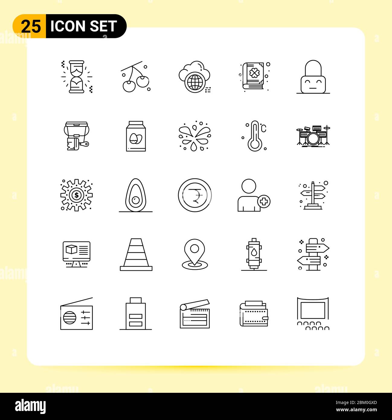 Confezione da 25 simboli universali di blocco, patrick, computing, day, libro elementi di disegno vettoriale editabili Illustrazione Vettoriale