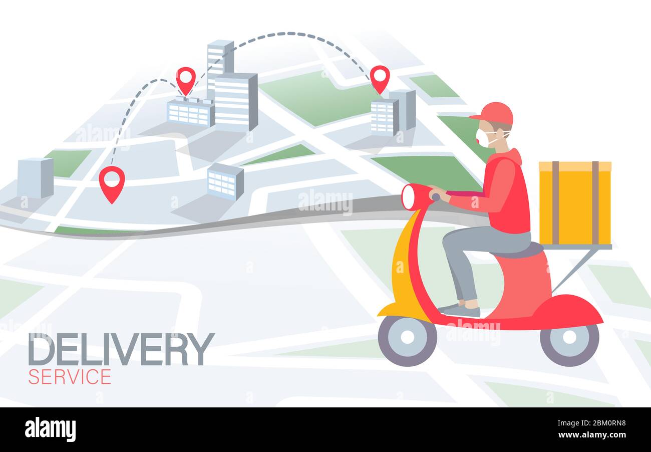 Scatola di consegna per scooter. Ordine app mobile per la spedizione di alimenti leggeri e bianchi. Pacchetto quarantena pacchetto pacchetto termico zaino cena pasto. Consegna rapida Illustrazione Vettoriale