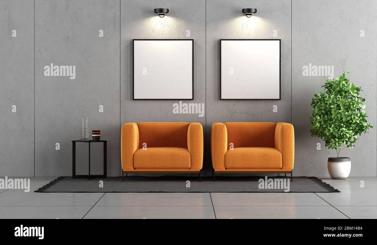 Camera in cemento minimalista con due poltrone arancioni e tavolino - rendering 3d Foto Stock