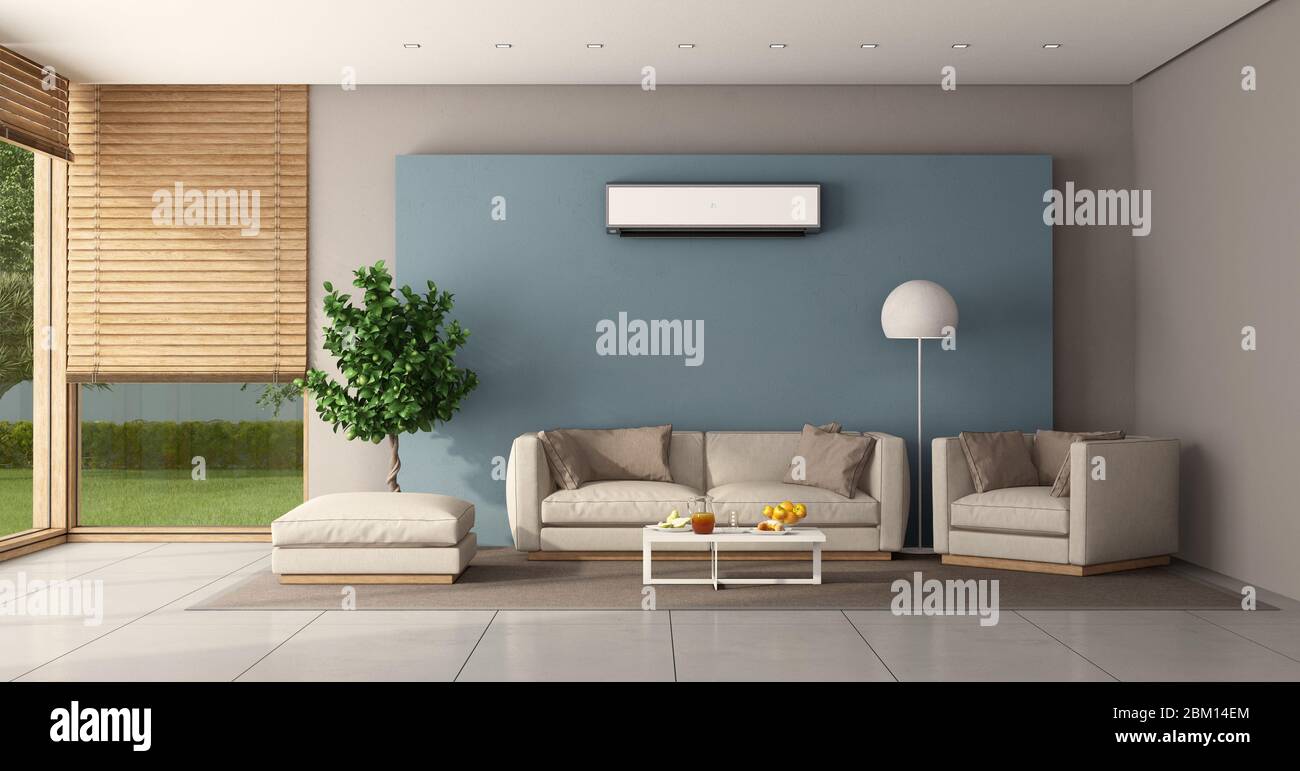 Soggiorno minimalista con mobili eleganti e aria condizionata - rendering 3d Foto Stock
