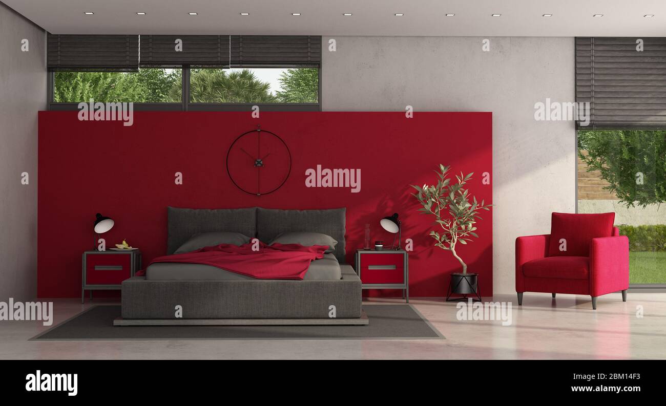 Camera da letto matrimoniale minimalista rossa e grigia con letto matrimoniale, comodino e poltrona - rendering 3d Foto Stock