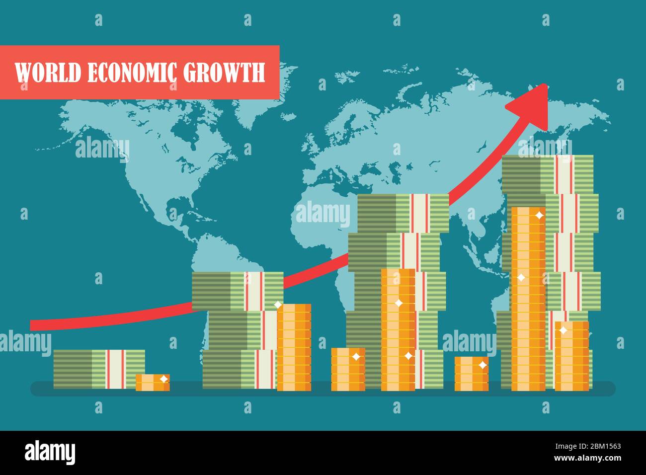 Concetto di crescita economica mondiale. Illustrazione vettoriale in design piatto. Illustrazione Vettoriale