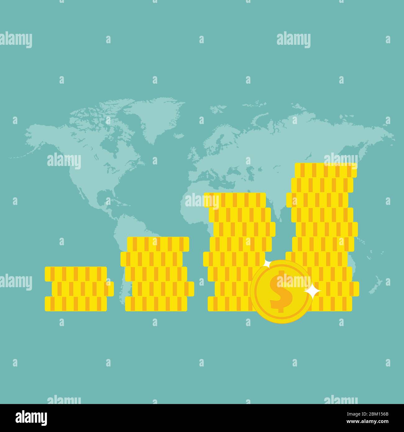 Pila di monete d'oro su sfondo mappa del mondo. Illustrazione vettoriale in design piatto. Illustrazione Vettoriale
