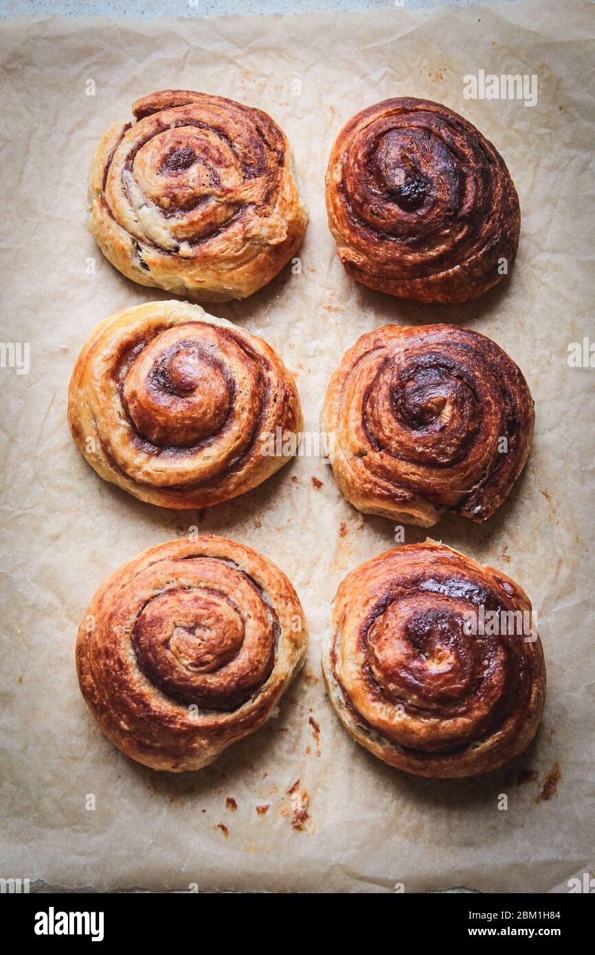 Rotoli di cannella su carta da forno tirata dall'alto. Stile minimal. Modello di cibo Foto Stock