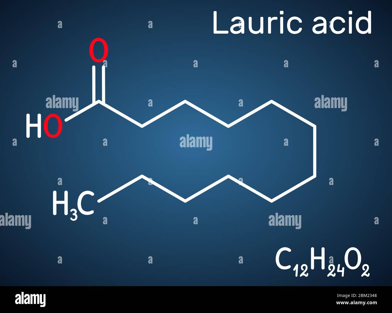 Acido laurico, acido dodecanoico, molecola C12H24O2. È un acido grasso saturo. Formula chimica strutturale su sfondo blu scuro. Illustrazione vettore Illustrazione Vettoriale