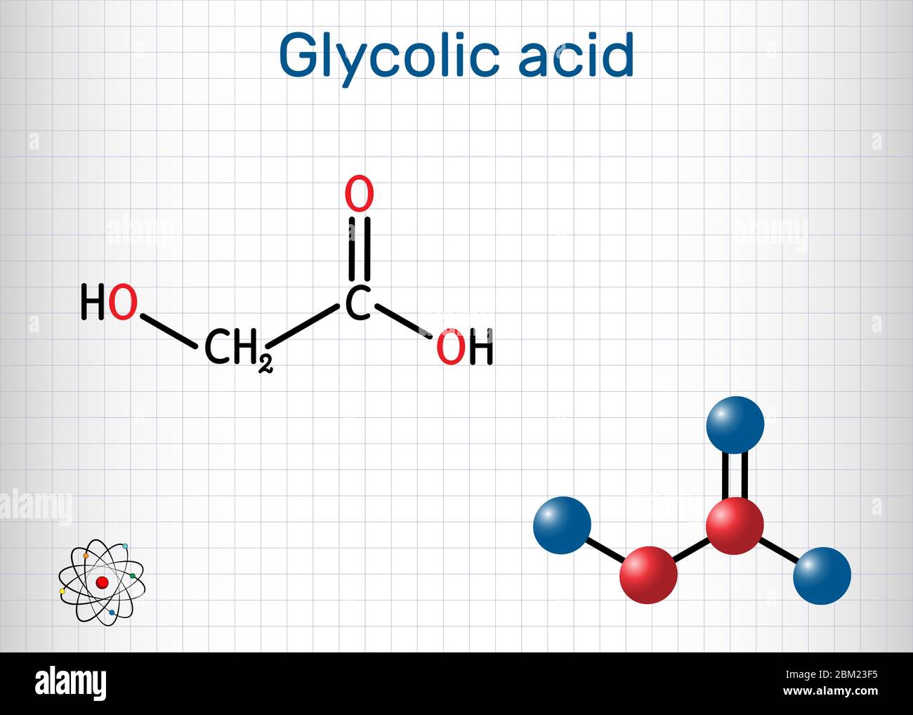 Acido glicolico, acido idroacetico o idrossiacetico, molecola C2H4O3. È  l'alfa-idrossiacido, AHA. Formula chimica strutturale e modello di molecola.  Lei Immagine e Vettoriale - Alamy