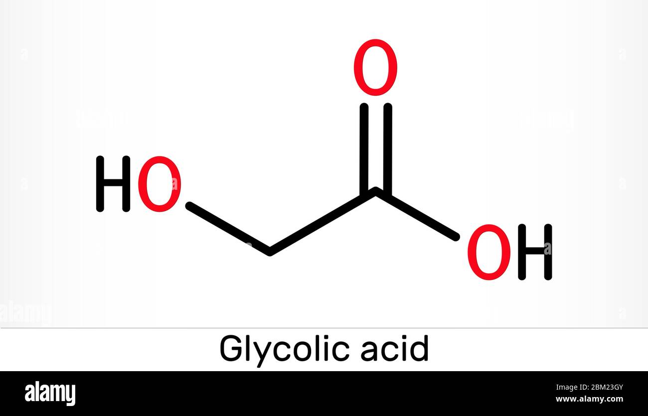 Acido glicolico, acido idroacetico o idrossiacetico, molecola C2H4O3. È  l'alfa-idrossiacido, AHA. Formula chimica scheletrica. Illustrazione Foto  stock - Alamy