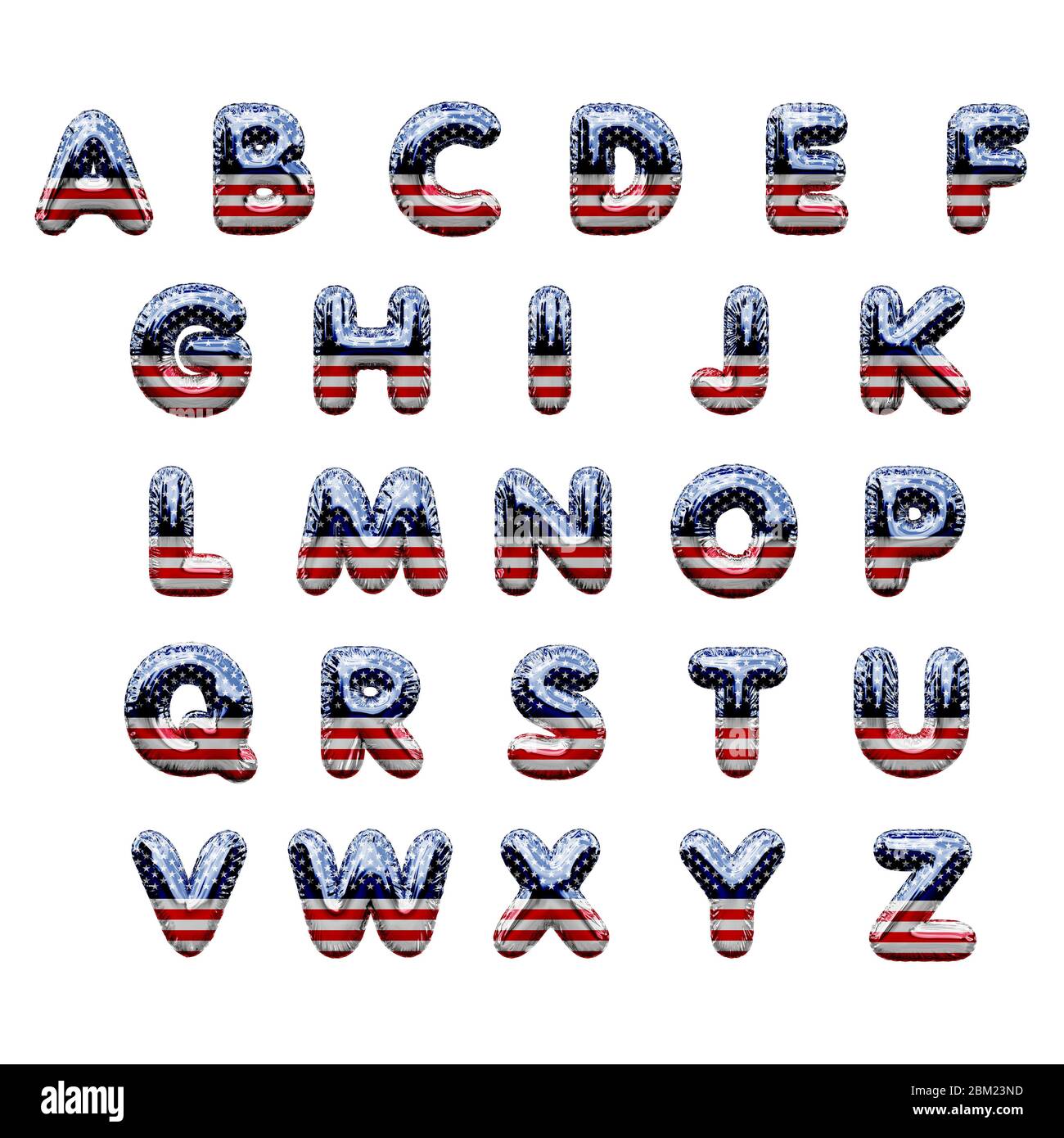 Palloncini da festa per feste con lettere a strisce e stelle degli Stati Uniti. Rendering 3D Foto Stock