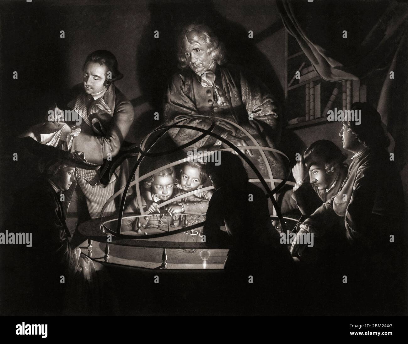 Un filosofo che ha tenuto una lezione sull'Orreria. Da una stampa di William Pether, dopo un dipinto di Joseph Wright di Derby. xviii secolo. Per citare Wikipedia, "un orrido è un modello meccanico del sistema solare che illustra o predice le posizioni e i movimenti relativi dei pianeti e delle lune, di solito secondo il modello eliocentrico". Foto Stock