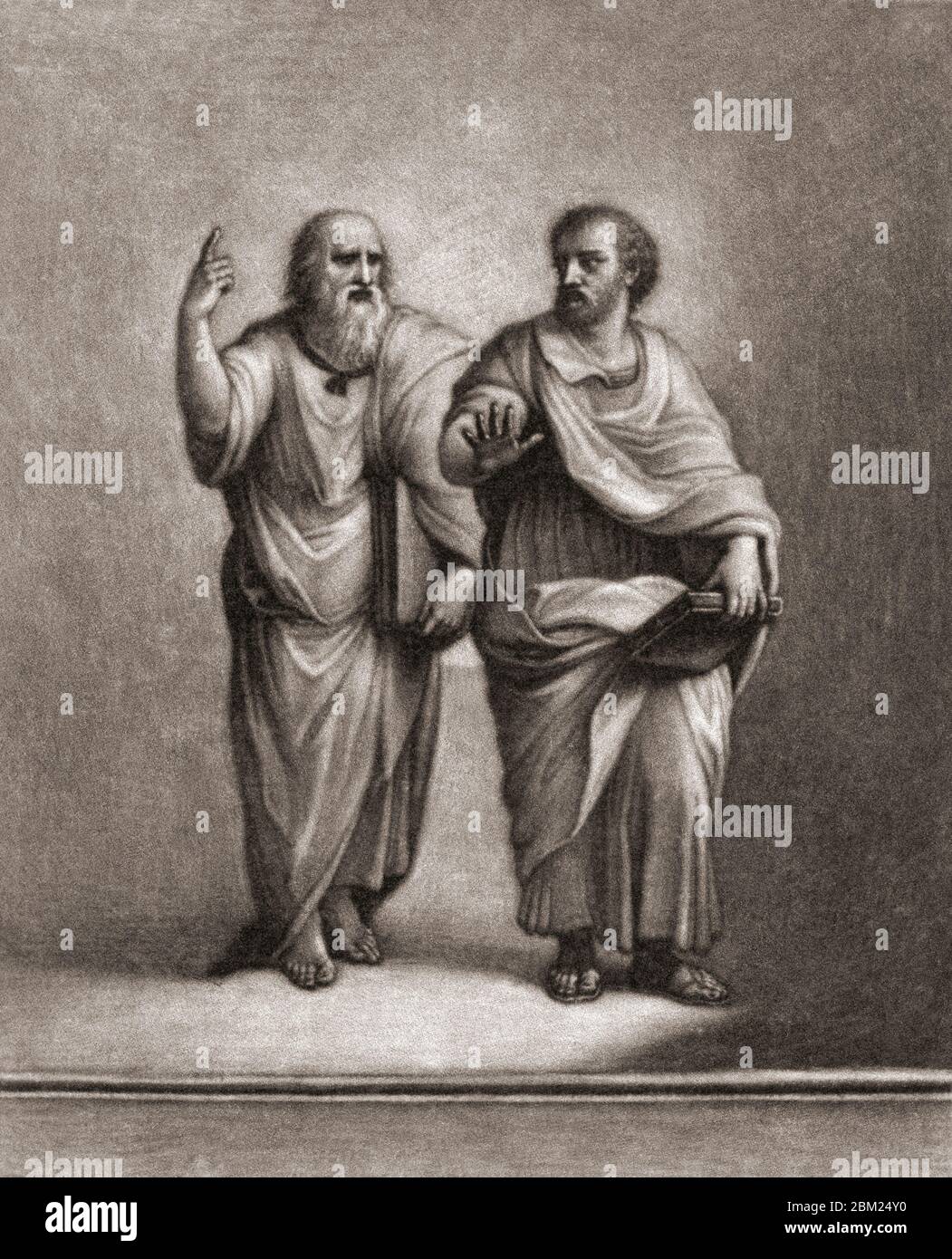 Platone e Aristotele. Da una stampa fine 17 ° secolo di Wallerant Vaillant dopo un lavoro di Raffaello. Foto Stock