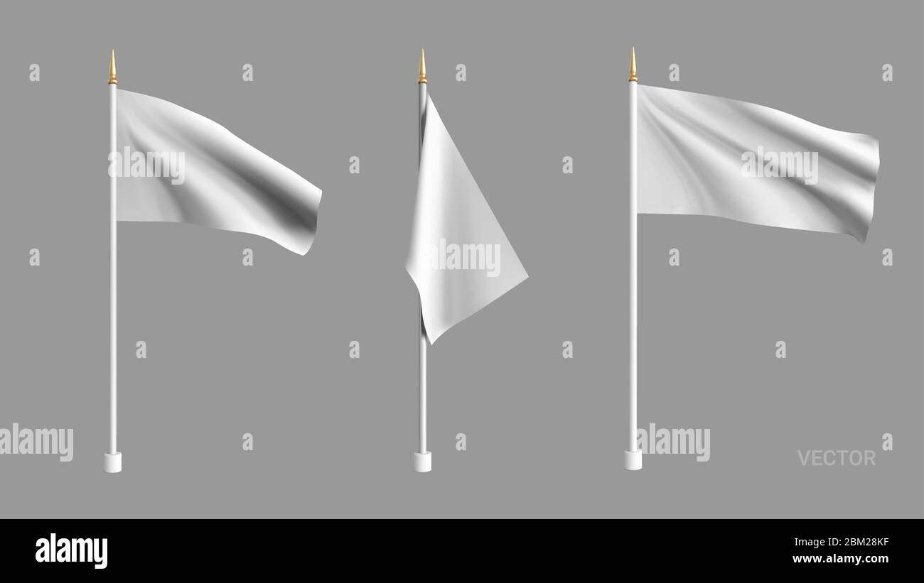 Bandiera bianca realistica che ondola nel vento. Impostare le bandiere vettoriali tessili per la pubblicità 3D. Modello per prodotti, pubblicità, banner Web, volantini Illustrazione Vettoriale