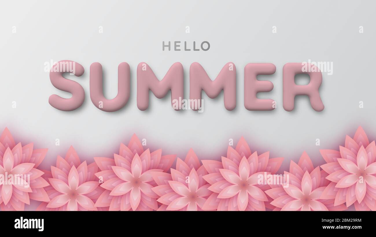 Sfondo di carta rosa fiore e scritta bianca estate 3d. Ciao estate. Illustrazione 3d realistica. Il poster in vendita e un'inserzione Illustrazione Vettoriale