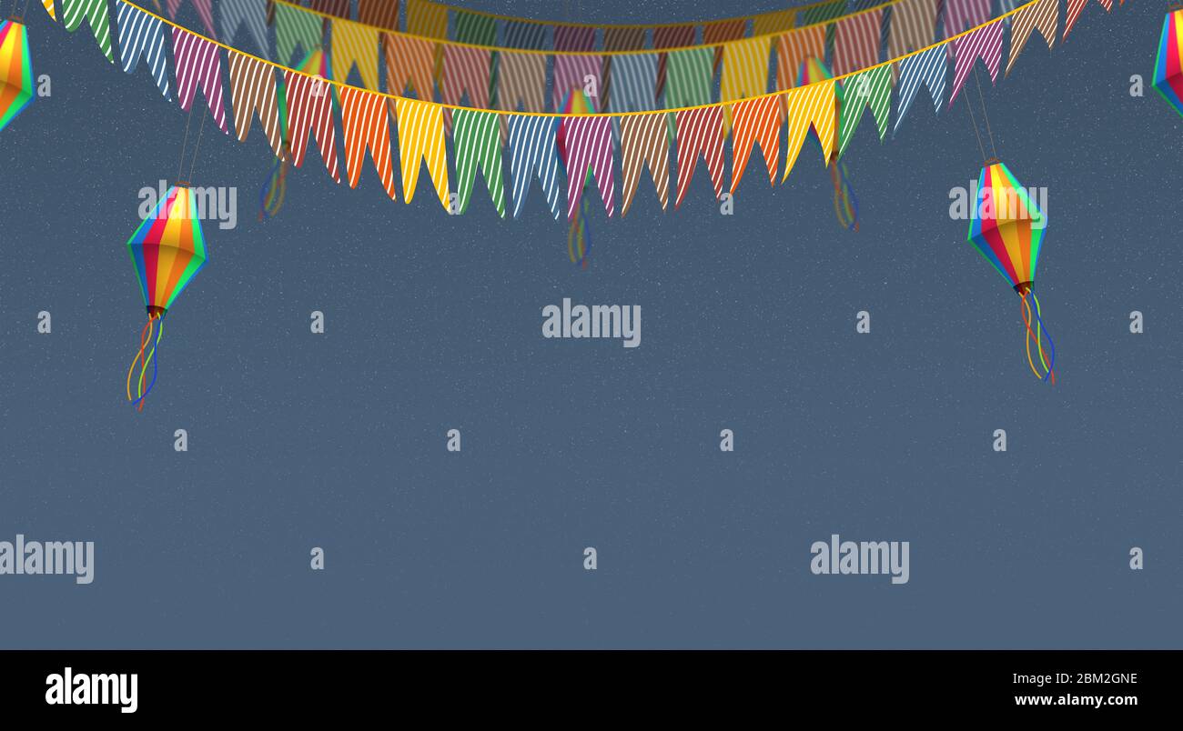 Festa Junina, festa tradizionale brasiliana di San Giovanni, di notte. Sfondo con bandiere multicolore e palloncini in una notte stellata. Spazio per il testo. Foto Stock