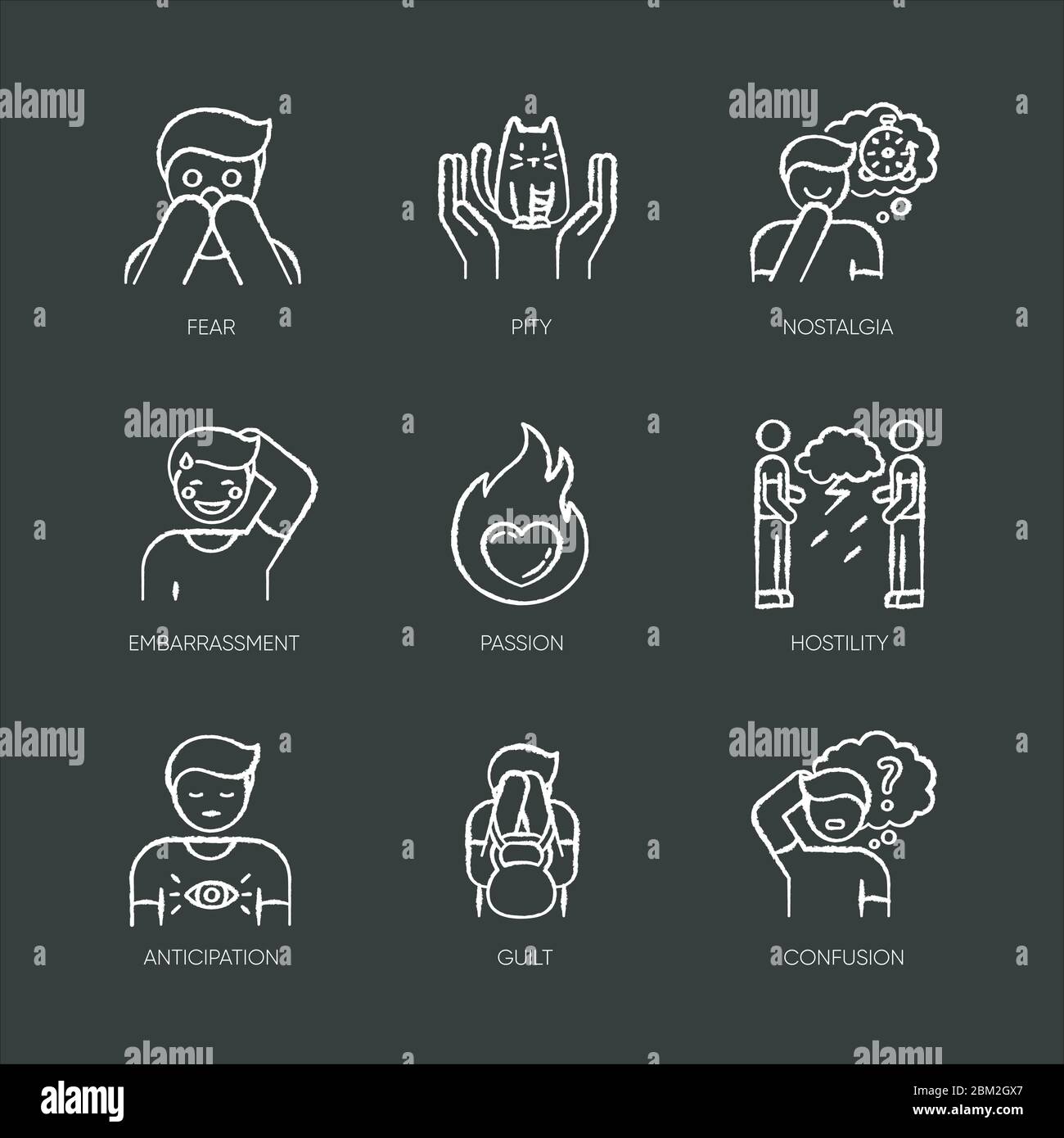Emotion gesso icone bianche su sfondo nero Illustrazione Vettoriale