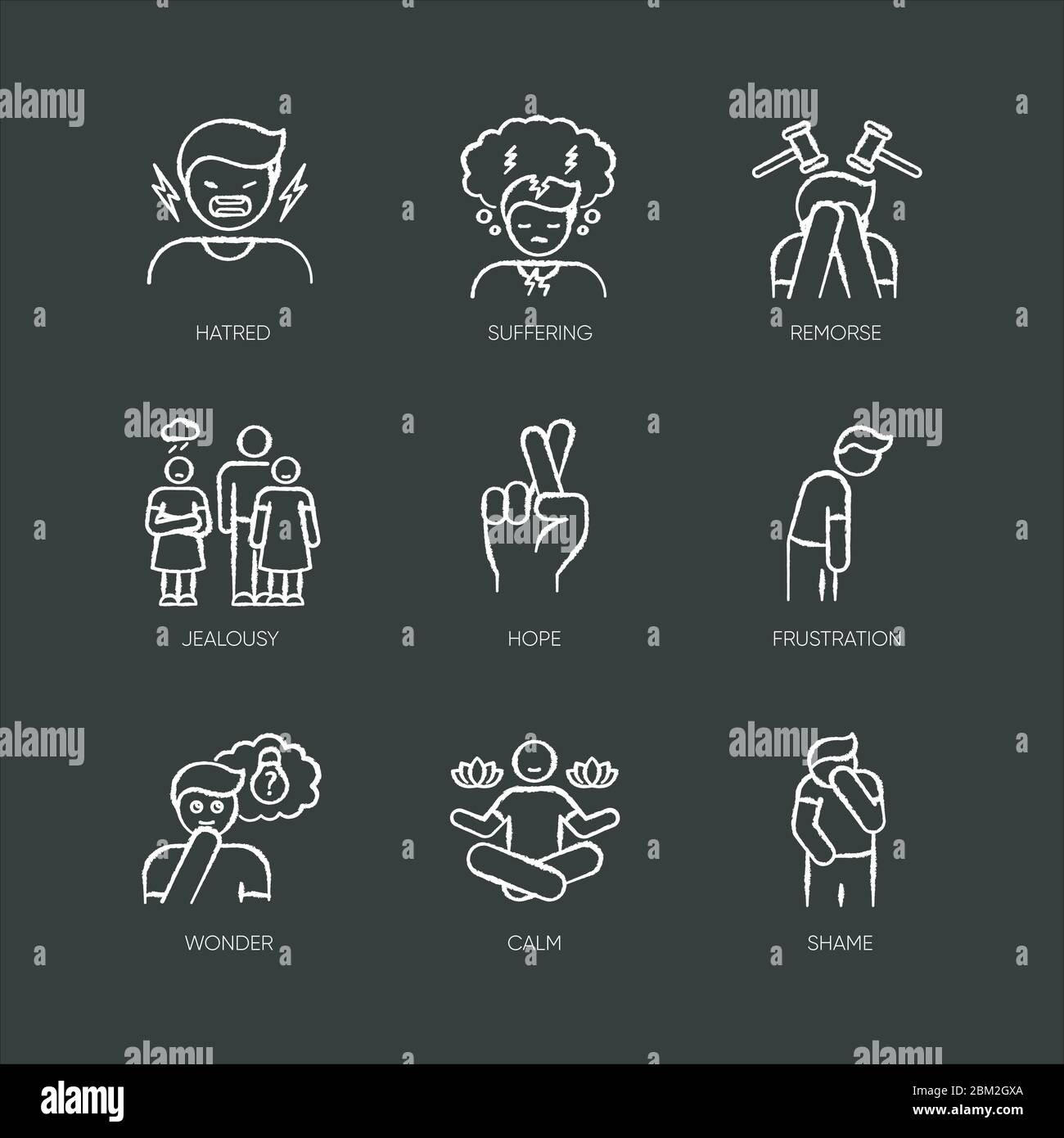 Sensazione di gesso icone bianche su sfondo nero Illustrazione Vettoriale