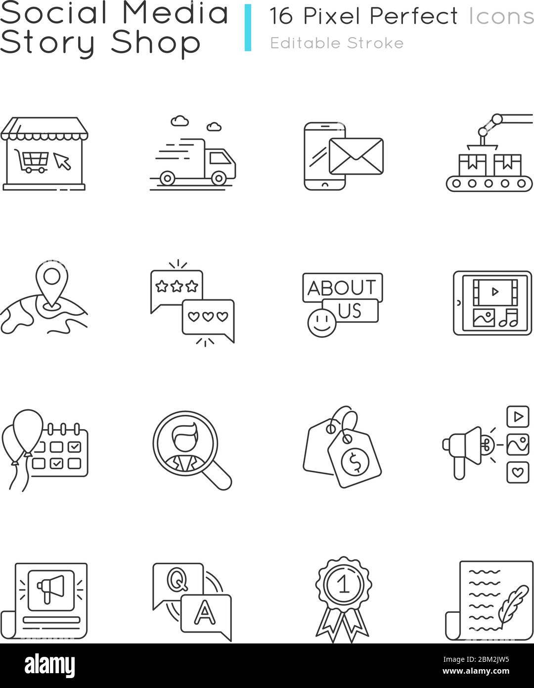Set di icone lineari perfette per i pixel della storia dei social media Illustrazione Vettoriale