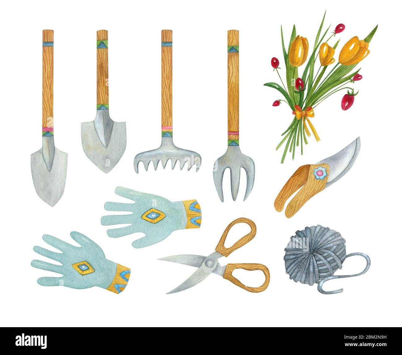 Acquerello giardinaggio set di strumenti. Illustrazione dipinta a mano di pala, rastrello, guanti, forchetta, secateurs, forbici, palla di filo. Foto Stock