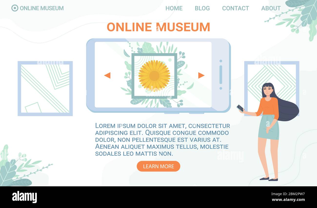 Modello banner web museo online. Rimani a casa, galleria interattiva, mostra educazione digitale, escursione mobile, concetto di intrattenimento in quarantena Illustrazione Vettoriale