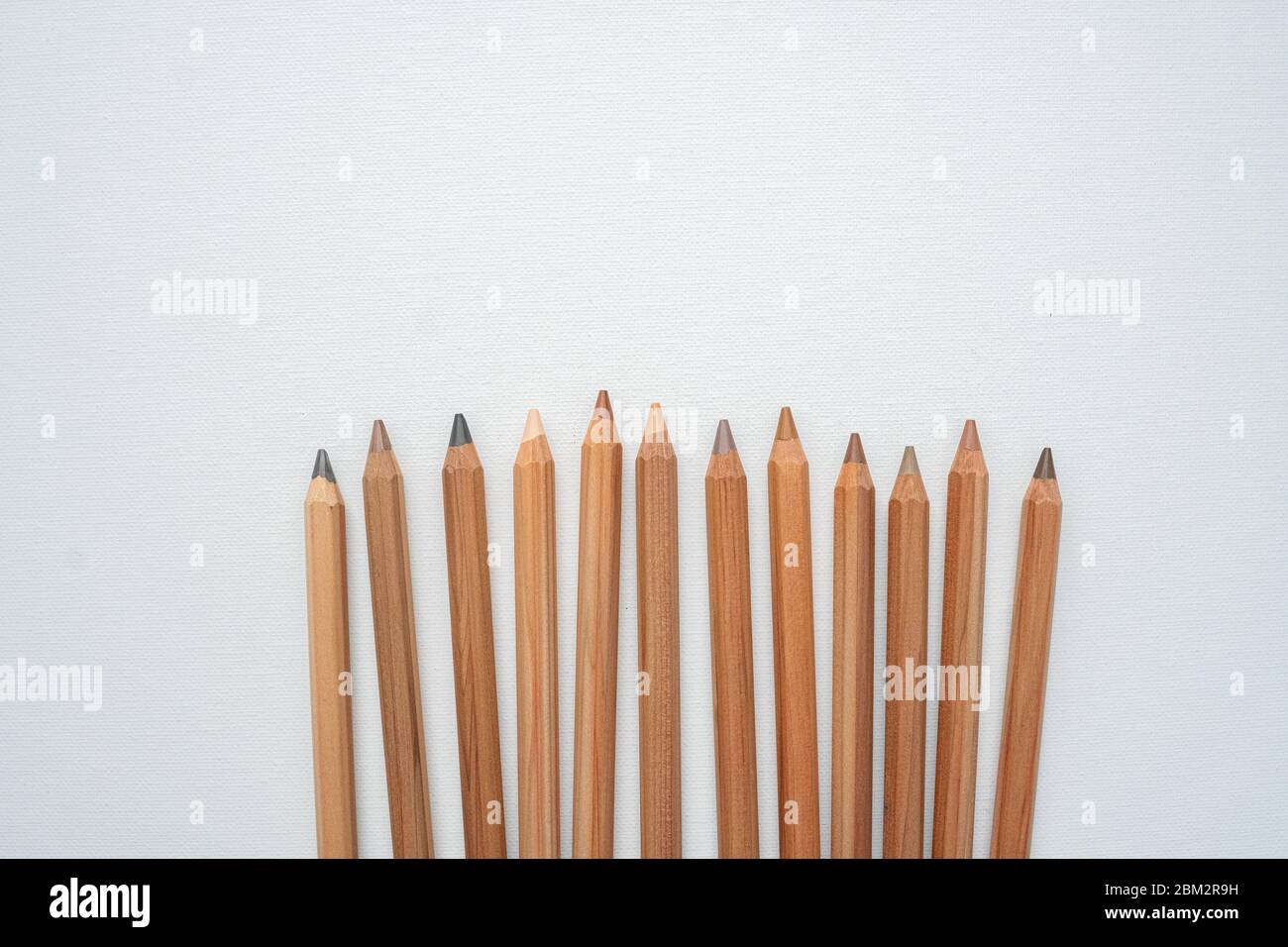 Le matite di pelle di colore neutro di Diferents si disperdono su una tela bianca Foto Stock