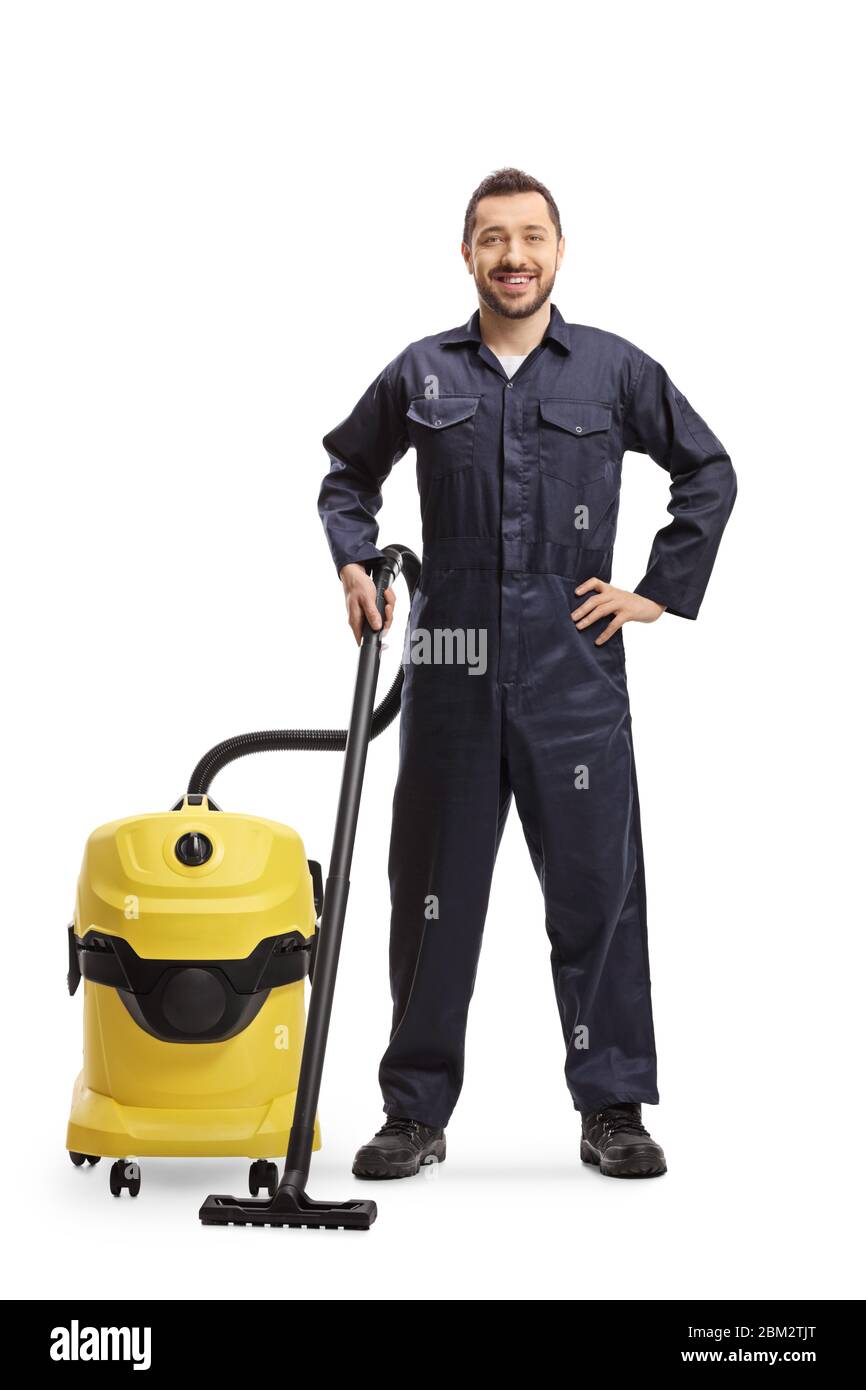 Ritratto a tutta lunghezza di un janitor maschio con un hoover professionale isolato su sfondo bianco Foto Stock