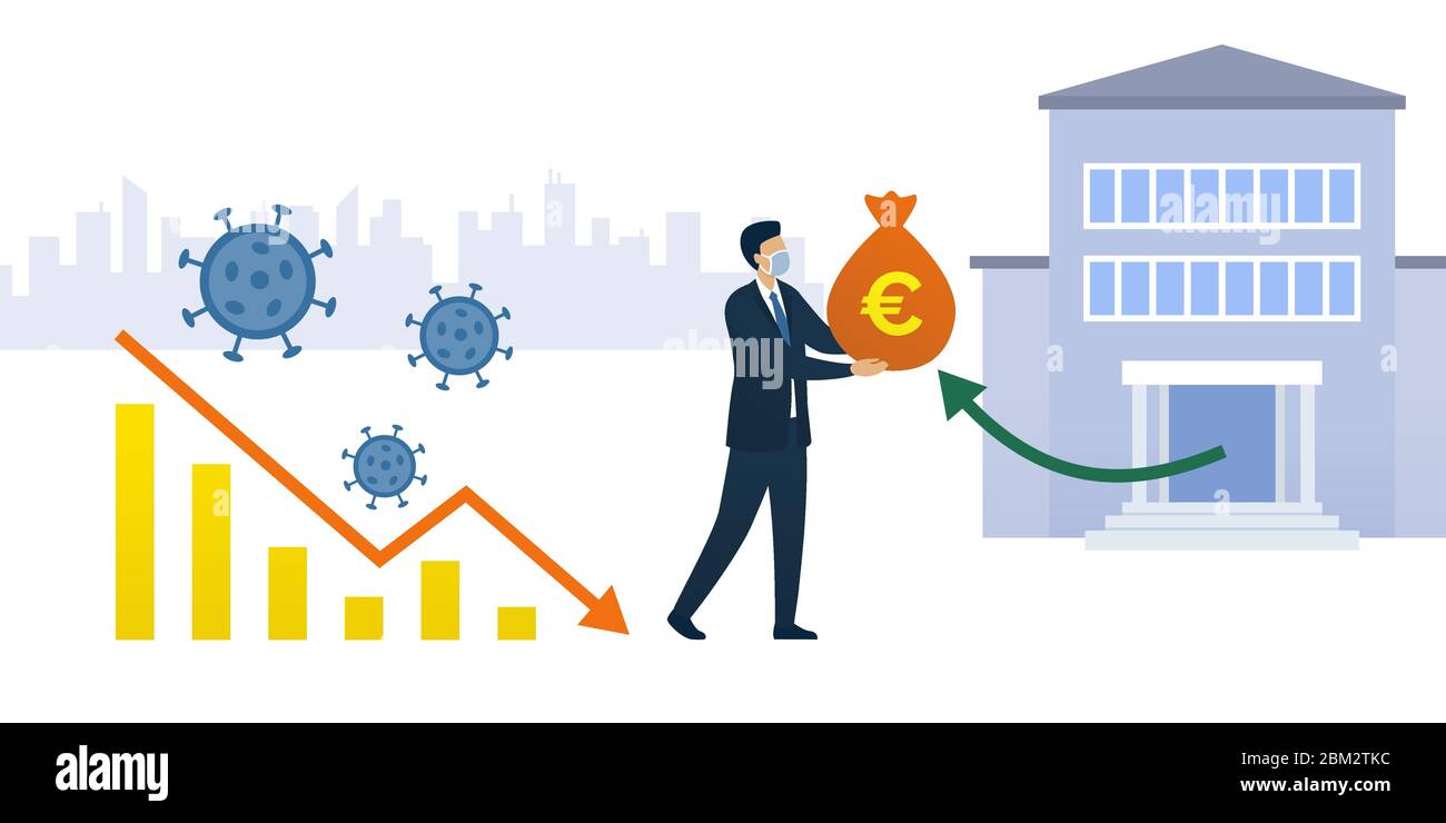 Impatto del coronavirus covid-19 sull'economia e la risposta: Grafico che mostra la crisi finanziaria e l'uomo d'affari che riceve fondi dal governo e dal divieto centrale Illustrazione Vettoriale