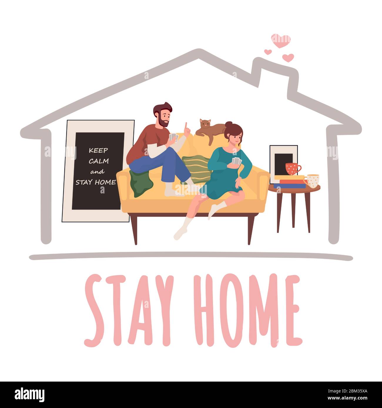 Stay home banner design vettoriale. Uomo e donna seduto sul divano e giocare carte vettoriale illustrazione piatta. Quarantena e autoisolamento durante la pandemia globale del concetto di poster di Coronavirus Covid-19. Illustrazione Vettoriale