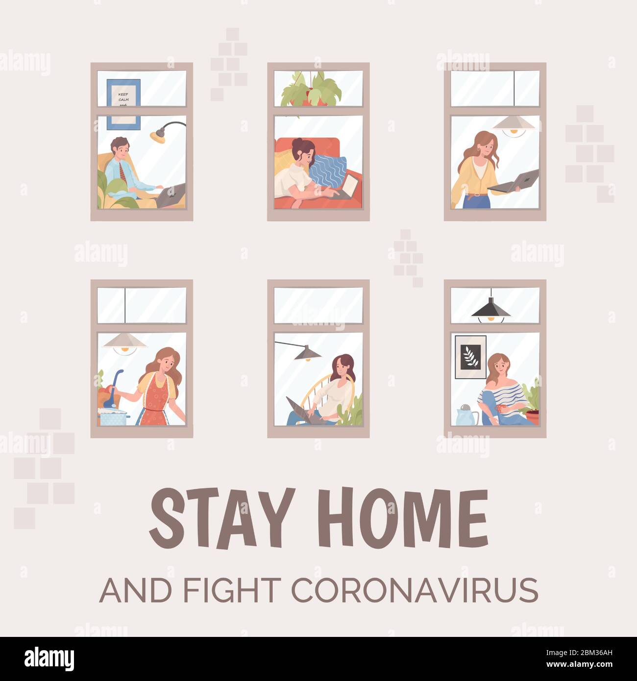 Rimani a casa e combatti con il poster di Coronavirus. Persone che lavorano, cucina in appartamenti durante la pandemia globale di Coronavirus Covid-19 vettore piatto illustrazione. Quarantena, concetto freelance. Illustrazione Vettoriale