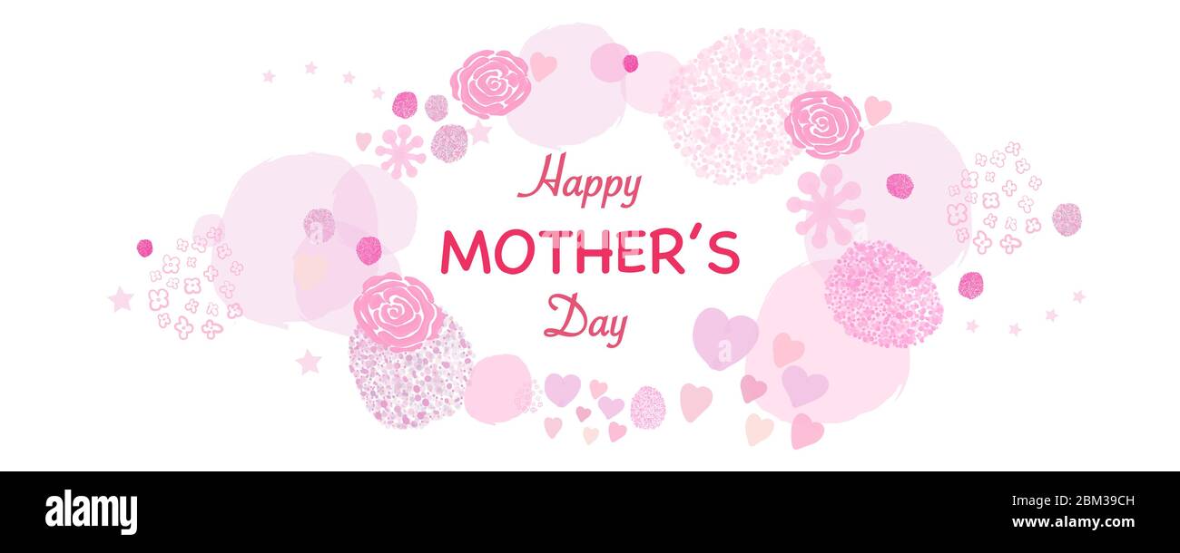 Happy Mother's Day rosa mano disegnata rose astratte, cuori, cerchio. Sfondo del giorno della mamma felice Illustrazione Vettoriale