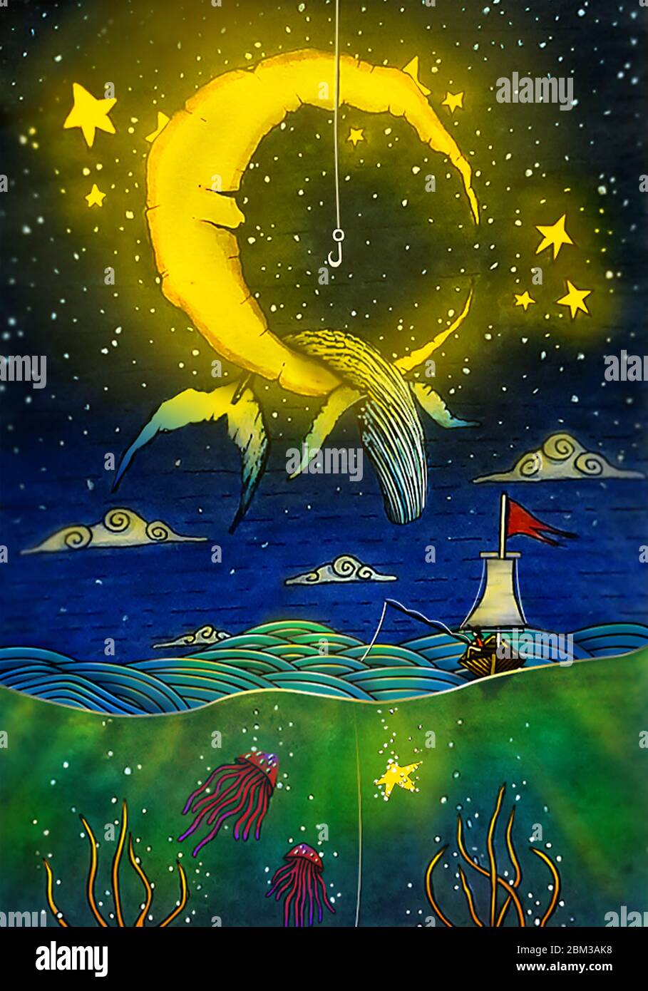 Pesca di notte illustrazione, disegno di natura acquerello,balena,Luna,stelle,Pesce gelatina, Nuvole pittura, Foto Stock