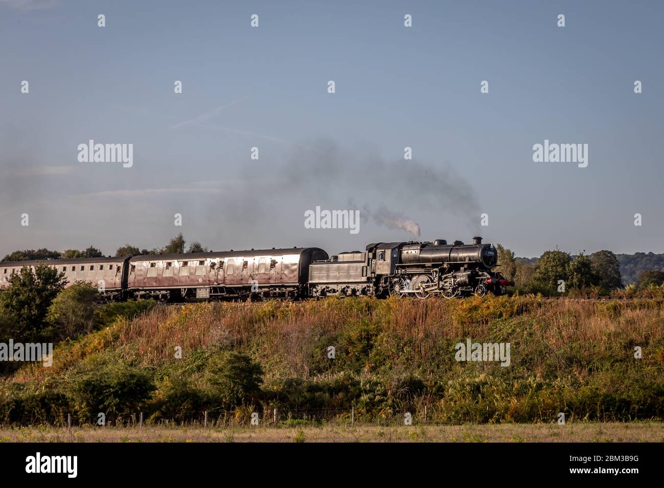 BR 4-6-0 '4MT' No. 43106 si avvicina al tunnel di Bewdley sulla ferrovia della valle di Severn durante il loro Gala a vapore d'autunno Foto Stock