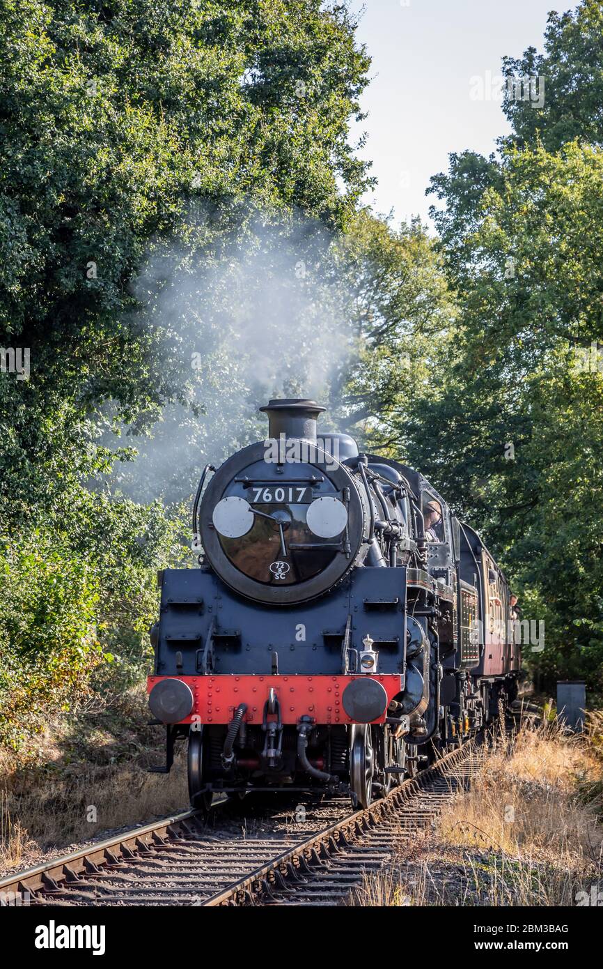 BR 2-6-0 '4MT' No. 76017 passa Northwood Lane sulla Severn Valley Railway durante il loro Gala a vapore d'autunno Foto Stock