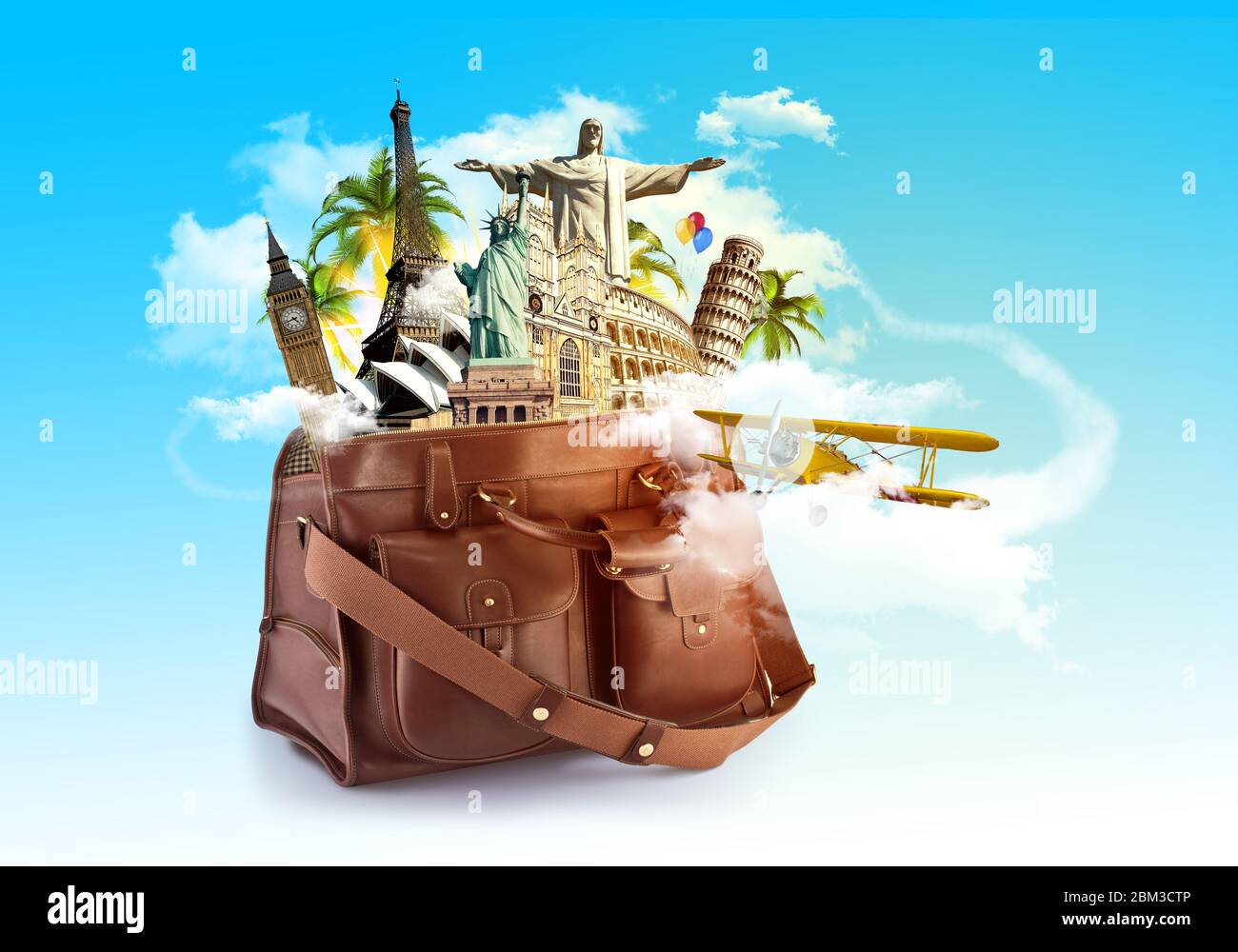 Viaggiare il concetto del mondo, monumenti diversi in una borsa da viaggio,  cielo blu e aereo di volo tra le nuvole intorno. Illustrazione raster di  design artistico Foto stock - Alamy