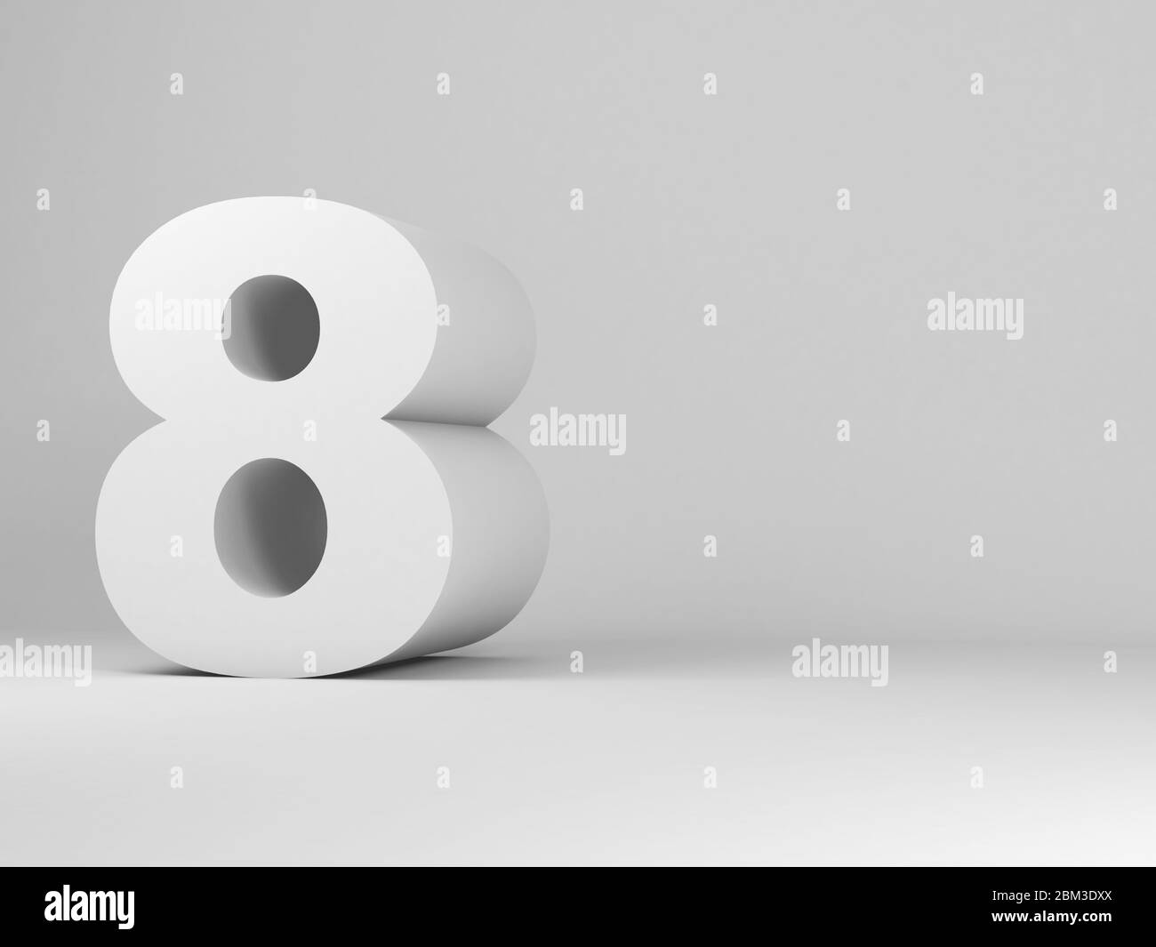 Installazione a otto cifre bianche in una sala studio vuota, illustrazione del rendering 3d Foto Stock