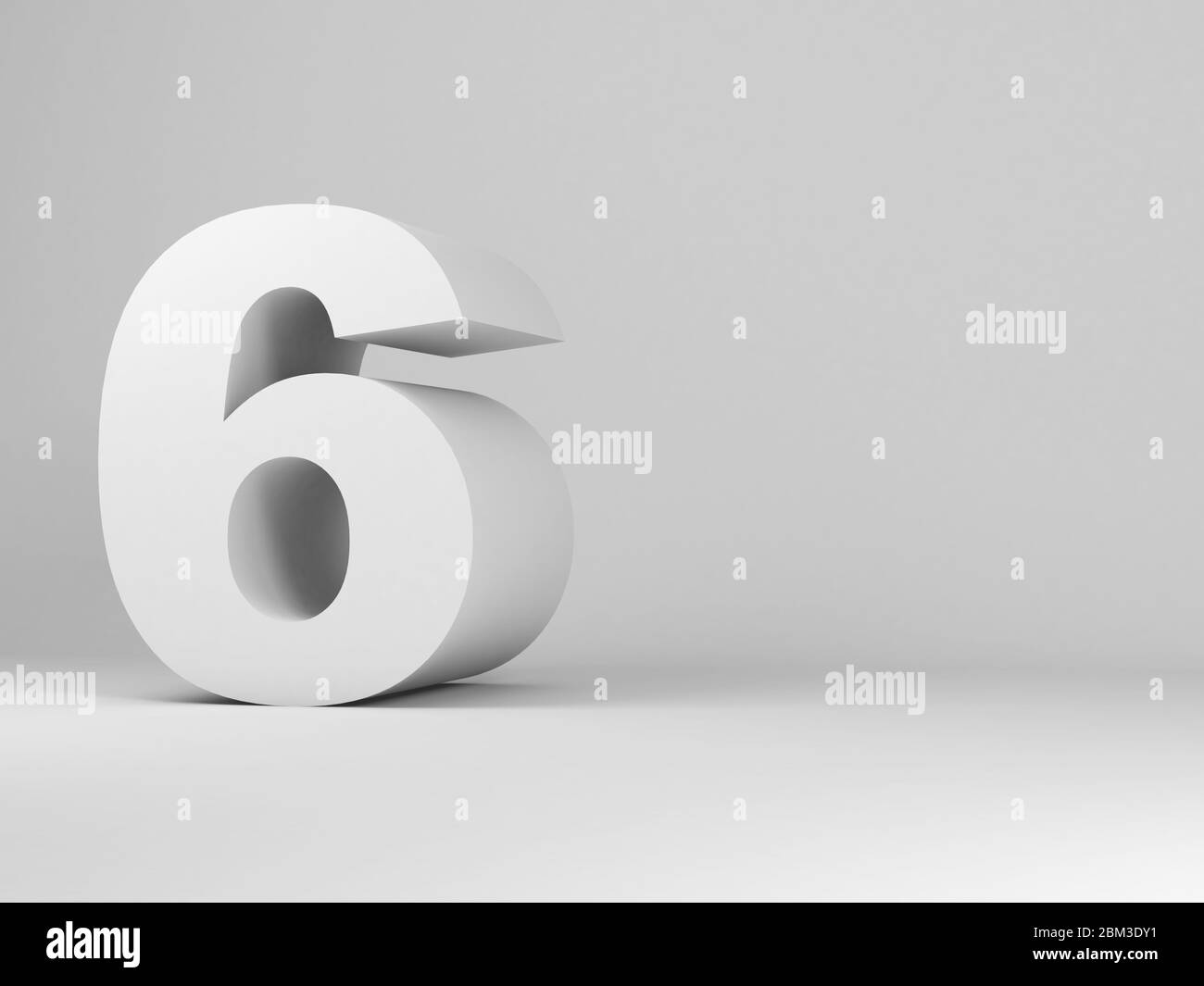 Installazione a sei cifre bianche in una sala studio vuota, illustrazione del rendering 3d Foto Stock