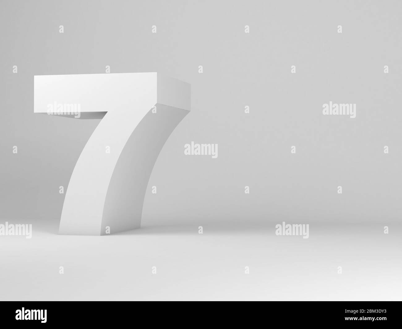 Installazione a sette cifre bianche in una sala studio vuota, illustrazione del rendering 3d Foto Stock