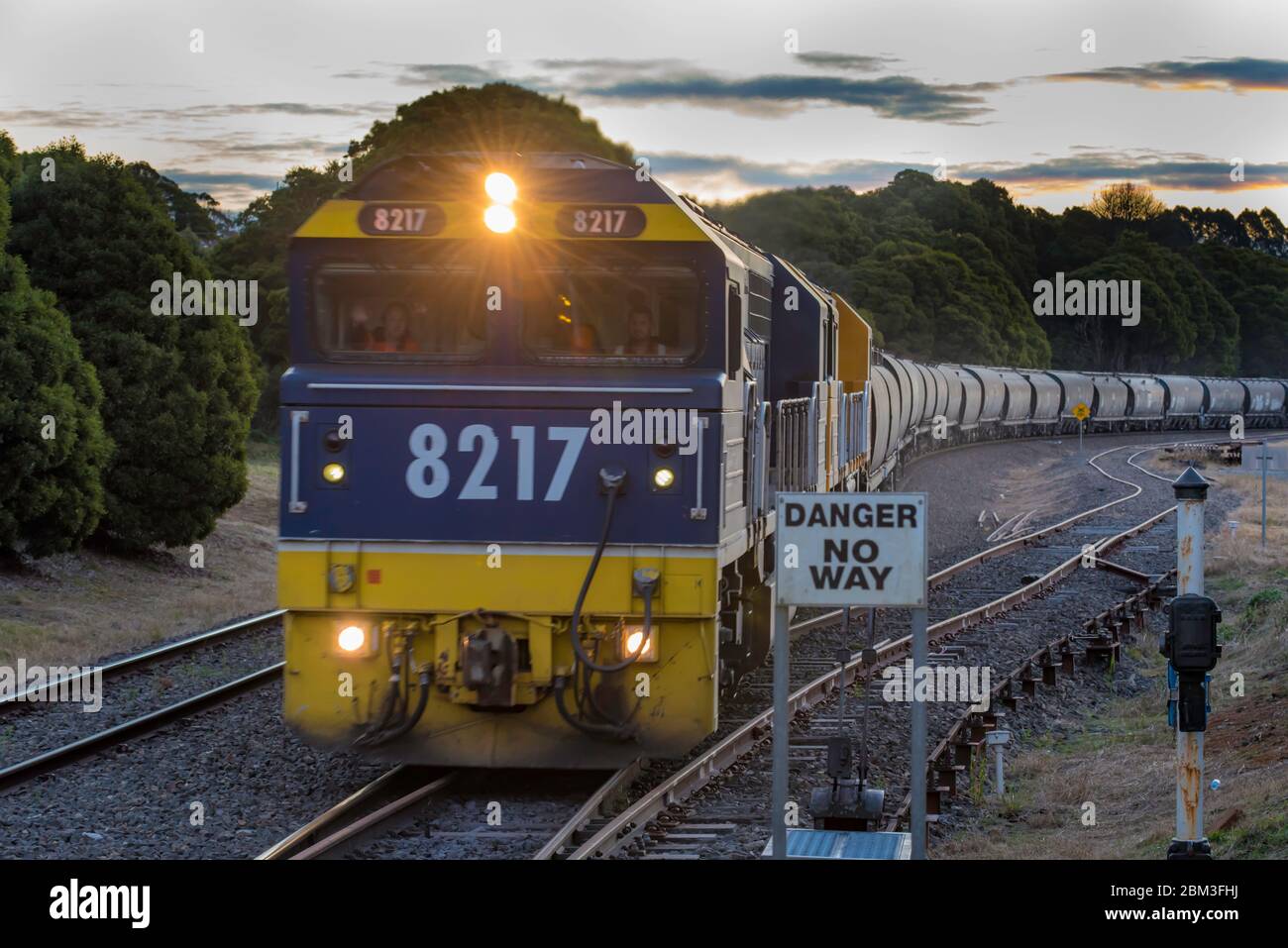 Una locomotiva diesel che traina camion o carri di carbone attraverso le Highlands meridionali del nuovo Galles del Sud in Australia in prima serata per l'esportazione Foto Stock