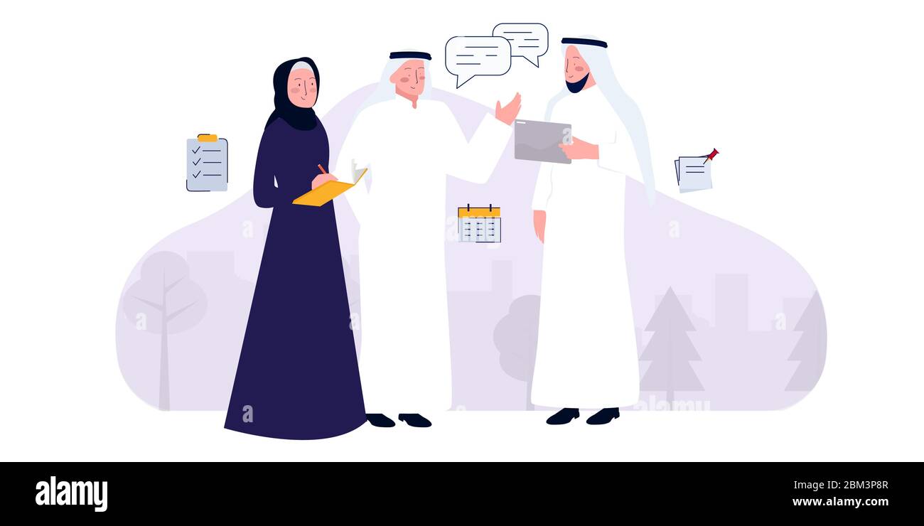 Uomo d'affari arabo che negozia con i colleghi sul business nel medio Oriente e la sua segretaria nota in un notebook. Concetto di lavoro di gruppo aziendale Illustrazione Vettoriale